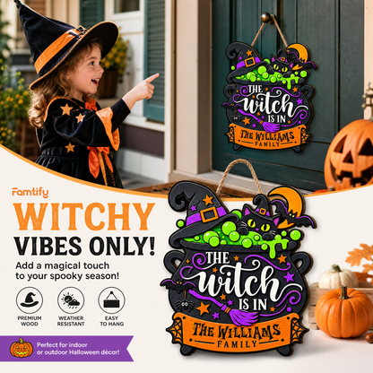 Personalized Halloween Witch Cauldron Black Cat The Witch Is In Custom Shape Wood Sign Spooky Family Name Door Hanger Home Wall Decor