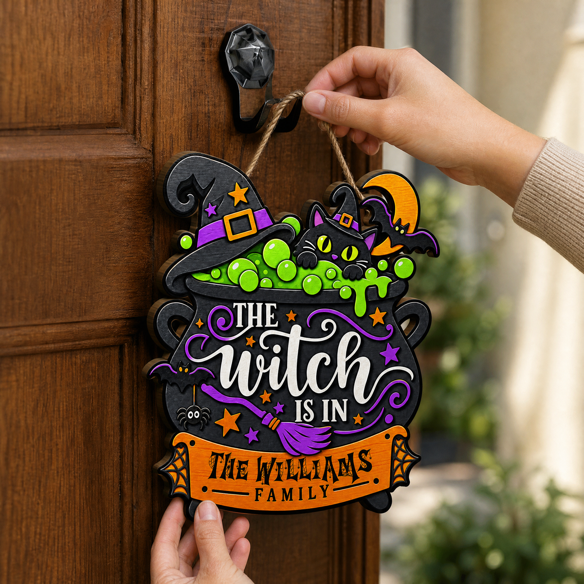 Personalized Halloween Witch Cauldron Black Cat The Witch Is In Custom Shape Wood Sign Spooky Family Name Door Hanger Home Wall Decor