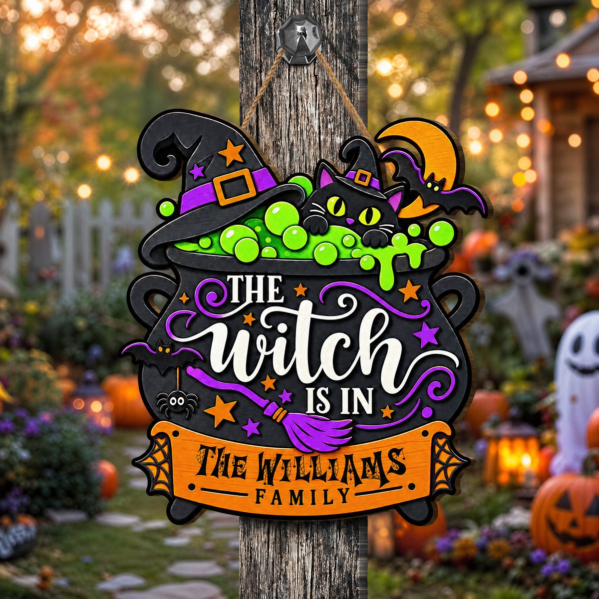 Personalized Halloween Witch Cauldron Black Cat The Witch Is In Custom Shape Wood Sign Spooky Family Name Door Hanger Home Wall Decor