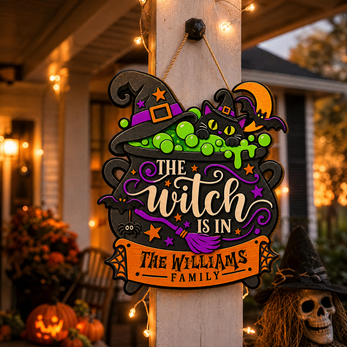Personalized Halloween Witch Cauldron Black Cat The Witch Is In Custom Shape Wood Sign Spooky Family Name Door Hanger Home Wall Decor