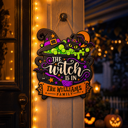 Personalized Halloween Witch Cauldron Black Cat The Witch Is In Custom Shape Wood Sign Spooky Family Name Door Hanger Home Wall Decor