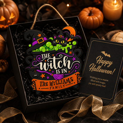 Personalized Halloween Witch Cauldron Black Cat The Witch Is In Custom Shape Wood Sign Spooky Family Name Door Hanger Home Wall Decor