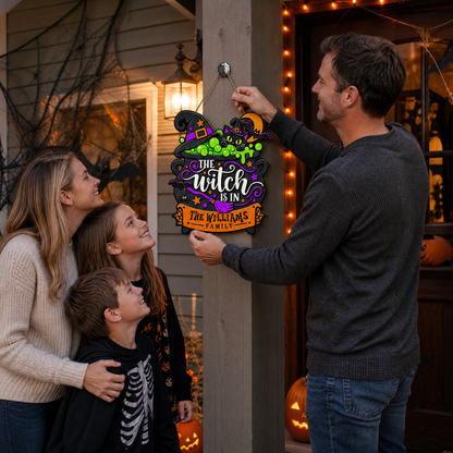 Personalized Halloween Witch Cauldron Black Cat The Witch Is In Custom Shape Wood Sign Spooky Family Name Door Hanger Home Wall Decor