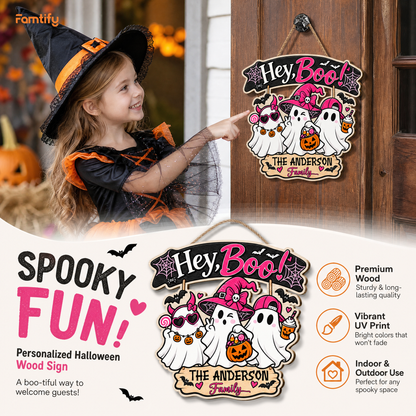 Personalized Halloween Hey Boo Cute Ghosts Pink Witch Custom Shape Wood Sign Spooky Family Name Door Hanger Home Wall Decor