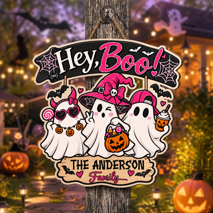 Personalized Halloween Hey Boo Cute Ghosts Pink Witch Custom Shape Wood Sign Spooky Family Name Door Hanger Home Wall Decor