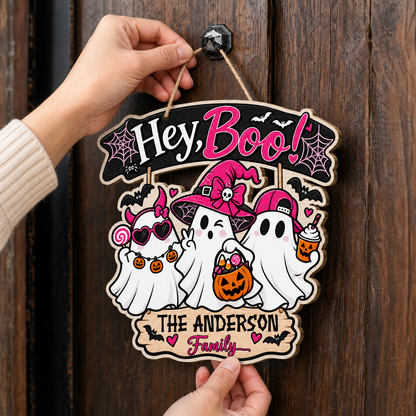 Personalized Halloween Hey Boo Cute Ghosts Pink Witch Custom Shape Wood Sign Spooky Family Name Door Hanger Home Wall Decor