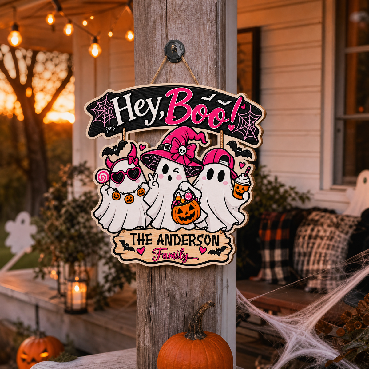 Personalized Halloween Hey Boo Cute Ghosts Pink Witch Custom Shape Wood Sign Spooky Family Name Door Hanger Home Wall Decor