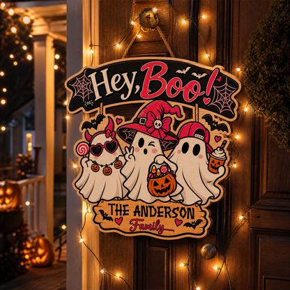 Personalized Halloween Hey Boo Cute Ghosts Pink Witch Custom Shape Wood Sign Spooky Family Name Door Hanger Home Wall Decor