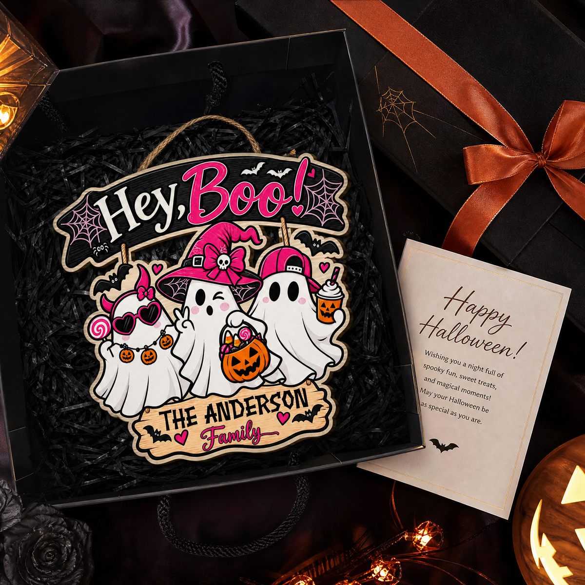 Personalized Halloween Hey Boo Cute Ghosts Pink Witch Custom Shape Wood Sign Spooky Family Name Door Hanger Home Wall Decor