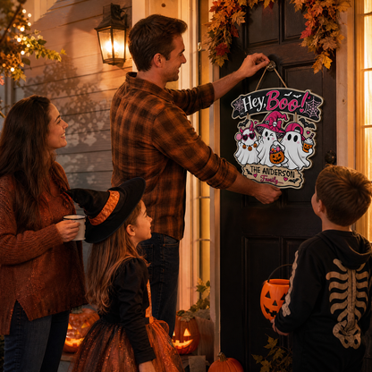 Personalized Halloween Hey Boo Cute Ghosts Pink Witch Custom Shape Wood Sign Spooky Family Name Door Hanger Home Wall Decor