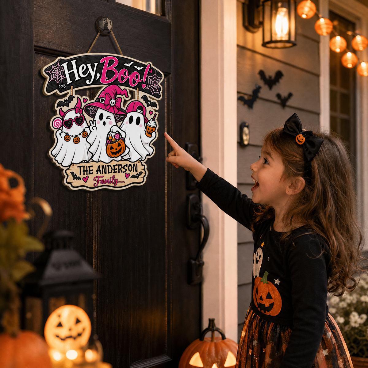 Personalized Halloween Hey Boo Cute Ghosts Pink Witch Custom Shape Wood Sign Spooky Family Name Door Hanger Home Wall Decor