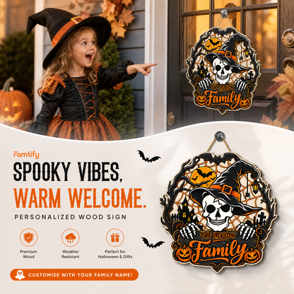 Personalized Halloween Skull Witch Hat Skeleton Custom Shape Wood Sign Spooky Family Name Haunted House Door Hanger Home Wall Decor