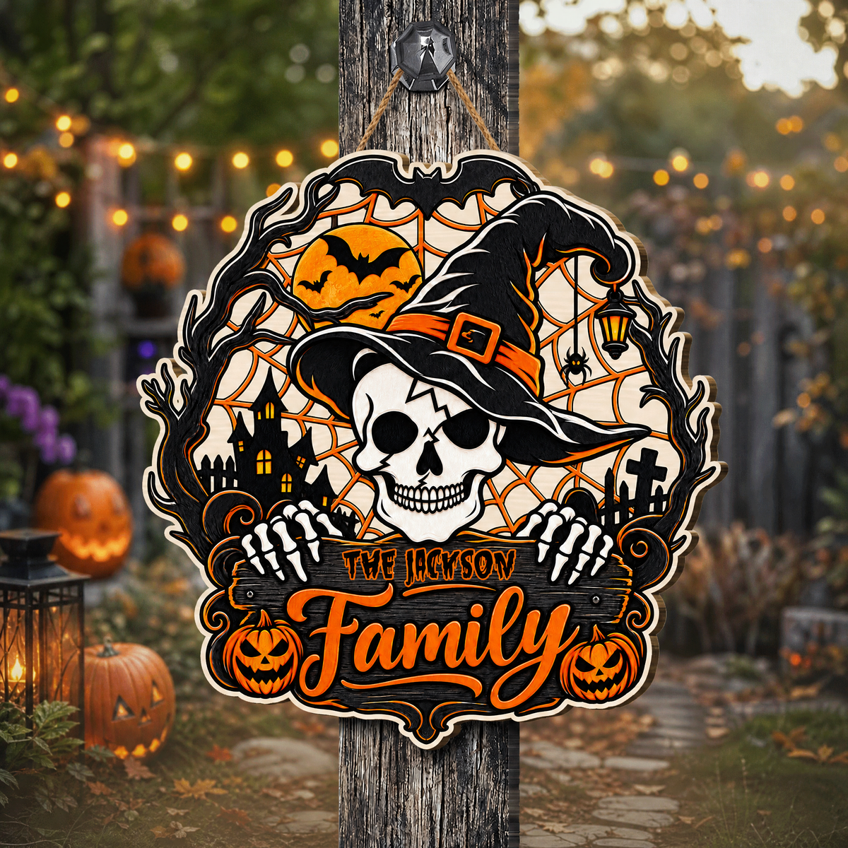 Personalized Halloween Skull Witch Hat Skeleton Custom Shape Wood Sign Spooky Family Name Haunted House Door Hanger Home Wall Decor