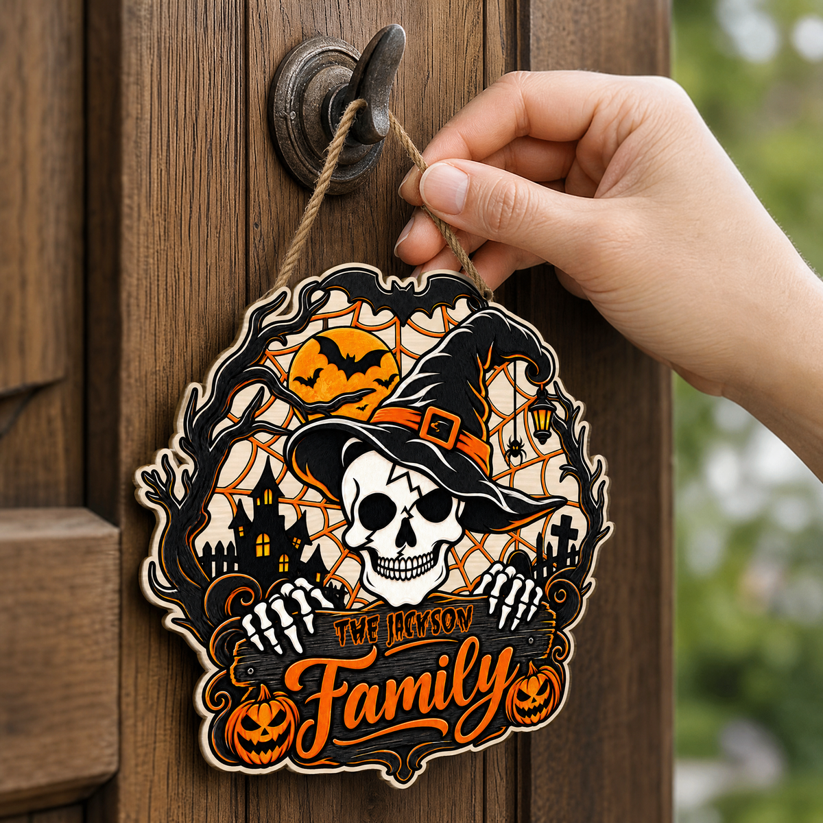 Personalized Halloween Skull Witch Hat Skeleton Custom Shape Wood Sign Spooky Family Name Haunted House Door Hanger Home Wall Decor