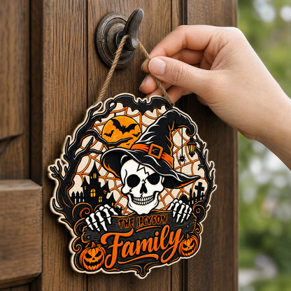 Personalized Halloween Skull Witch Hat Skeleton Custom Shape Wood Sign Spooky Family Name Haunted House Door Hanger Home Wall Decor