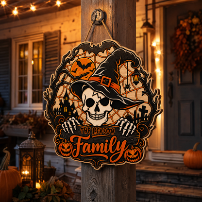 Personalized Halloween Skull Witch Hat Skeleton Custom Shape Wood Sign Spooky Family Name Haunted House Door Hanger Home Wall Decor