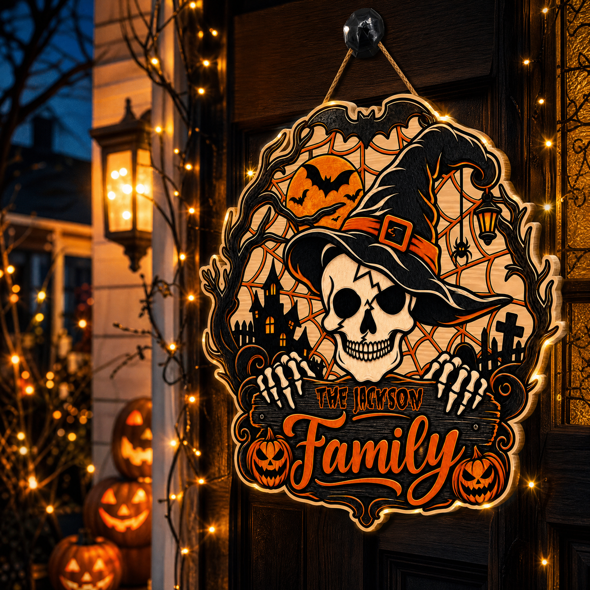 Personalized Halloween Skull Witch Hat Skeleton Custom Shape Wood Sign Spooky Family Name Haunted House Door Hanger Home Wall Decor