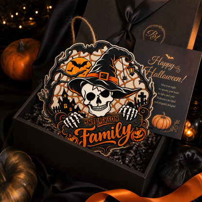 Personalized Halloween Skull Witch Hat Skeleton Custom Shape Wood Sign Spooky Family Name Haunted House Door Hanger Home Wall Decor
