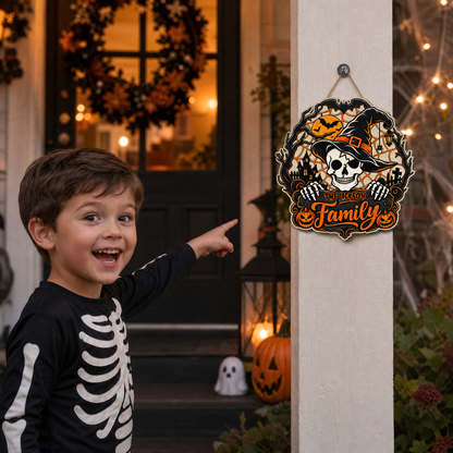 Personalized Halloween Skull Witch Hat Skeleton Custom Shape Wood Sign Spooky Family Name Haunted House Door Hanger Home Wall Decor