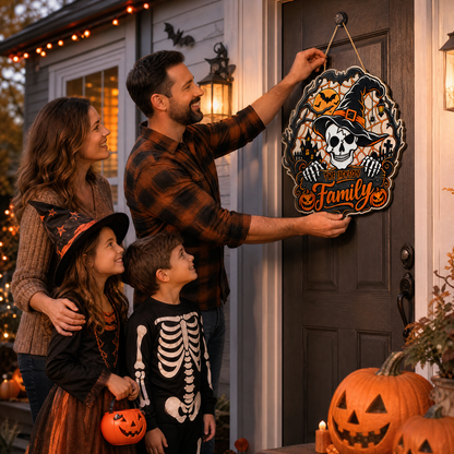 Personalized Halloween Skull Witch Hat Skeleton Custom Shape Wood Sign Spooky Family Name Haunted House Door Hanger Home Wall Decor