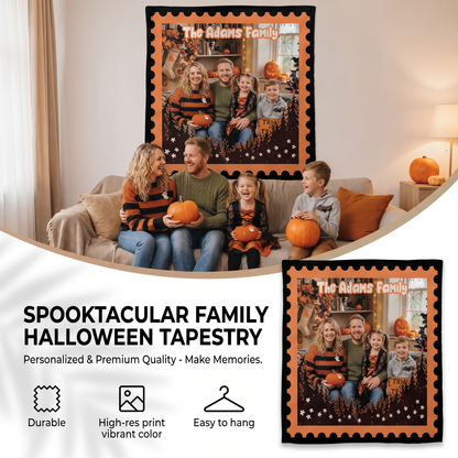Personalized Halloween Postage Stamp Forest Photo Tapestry, Custom Family Photo Name Wall Hanging Decor, Spooky Pine Trees Party Backdrop
