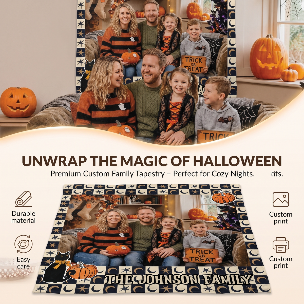 Personalized Halloween Celestial Moon Star Photo Tapestry, Custom Family Photo Name Wall Hanging Decor, Spooky Black Cat Pumpkin Party Backdrop