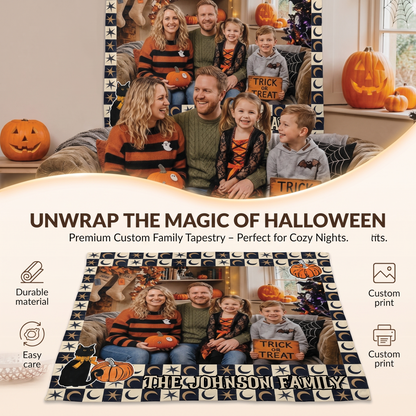 Personalized Halloween Celestial Moon Star Photo Tapestry, Custom Family Photo Name Wall Hanging Decor, Spooky Black Cat Pumpkin Party Backdrop