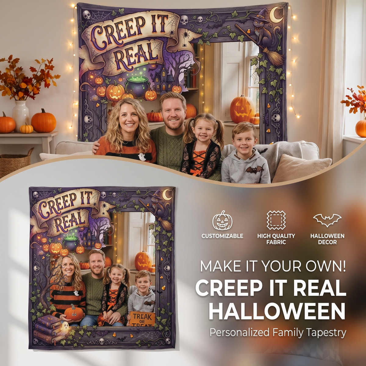 Personalized Halloween Creep It Real Photo Tapestry, Custom Family Photo Name Wall Hanging Decor, Spooky Witchy Haunted House Party Backdrop