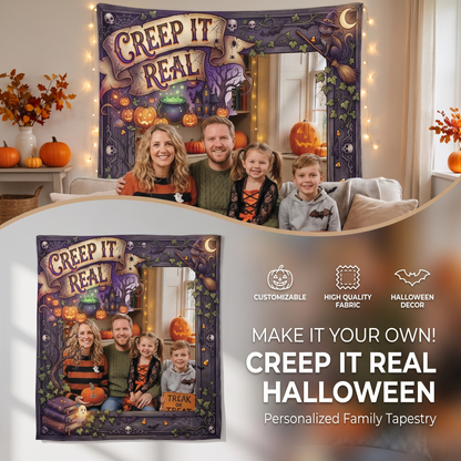 Personalized Halloween Creep It Real Photo Tapestry, Custom Family Photo Name Wall Hanging Decor, Spooky Witchy Haunted House Party Backdrop
