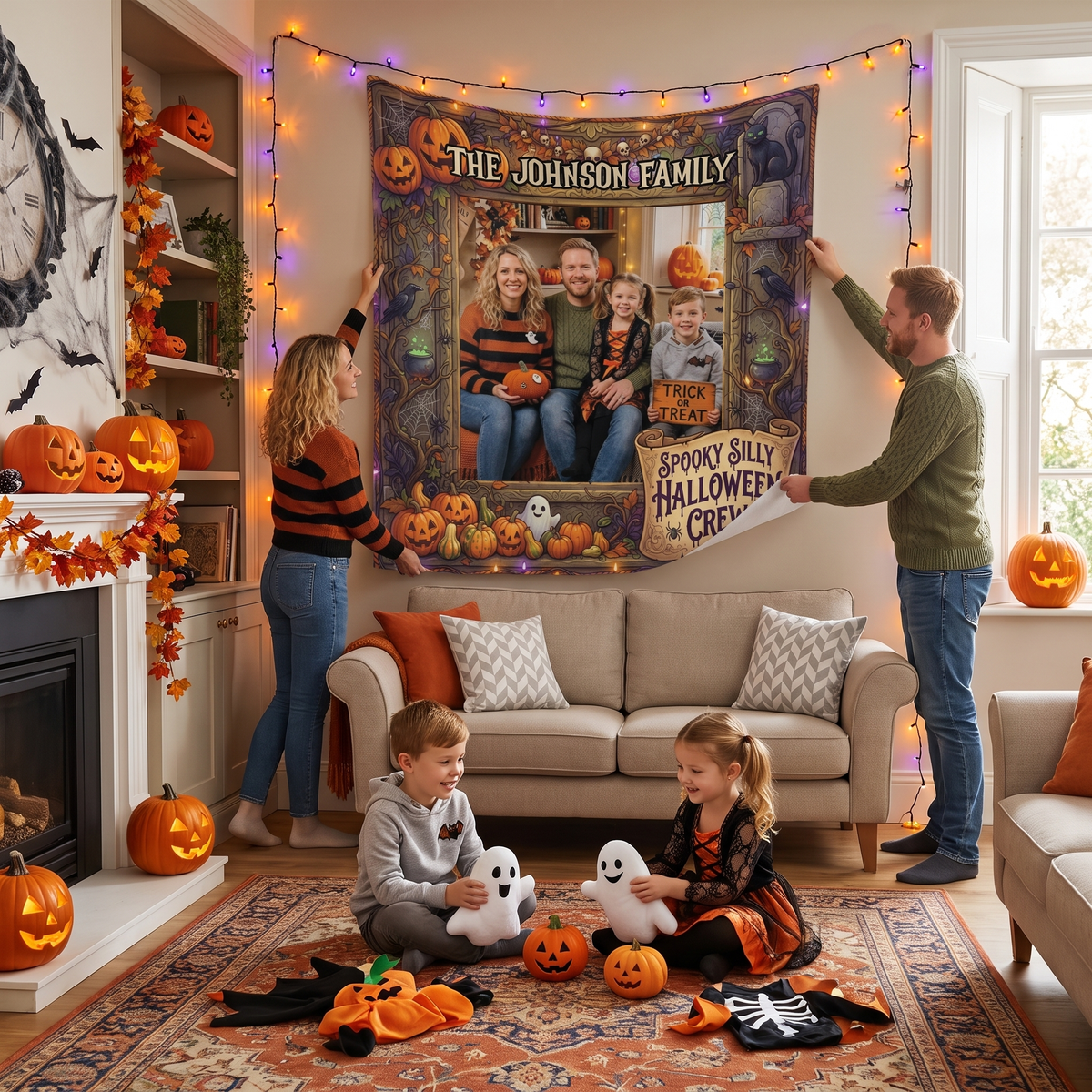 Personalized Halloween Spooky Silly Crew Photo Tapestry, Custom Family Photo Name Wall Hanging Decor, Spooky Pumpkin Black Cat Party Backdrop