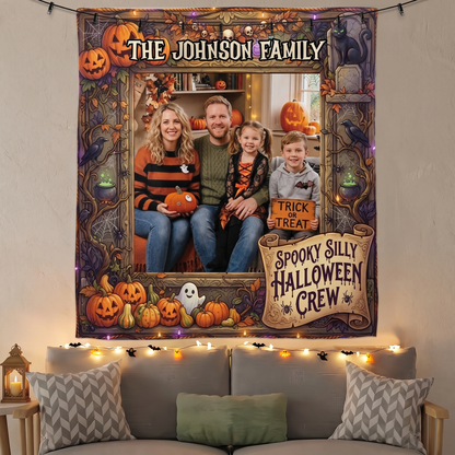 Personalized Halloween Spooky Silly Crew Photo Tapestry, Custom Family Photo Name Wall Hanging Decor, Spooky Pumpkin Black Cat Party Backdrop