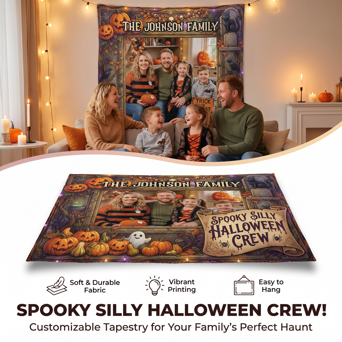 Personalized Halloween Spooky Silly Crew Photo Tapestry, Custom Family Photo Name Wall Hanging Decor, Spooky Pumpkin Black Cat Party Backdrop