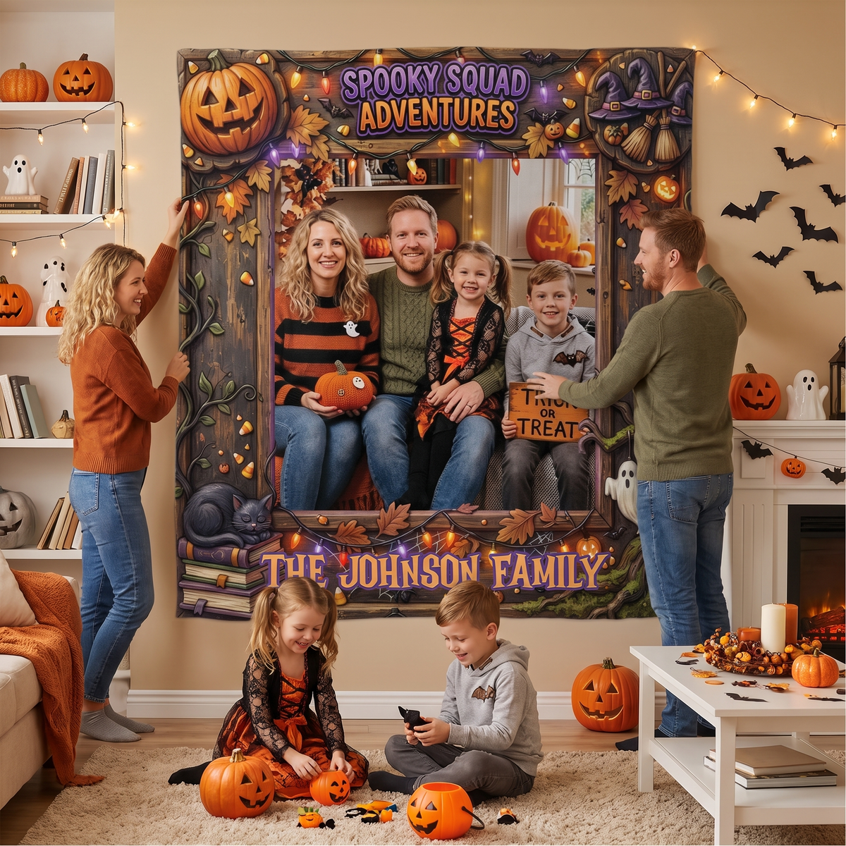 Personalized Halloween Spooky Squad Adventures Photo Tapestry, Custom Family Photo Name Wall Hanging Decor, Spooky Pumpkin Witch Party Backdrop