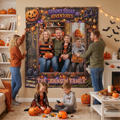 Personalized Halloween Spooky Squad Adventures Photo Tapestry, Custom Family Photo Name Wall Hanging Decor, Spooky Pumpkin Witch Party Backdrop