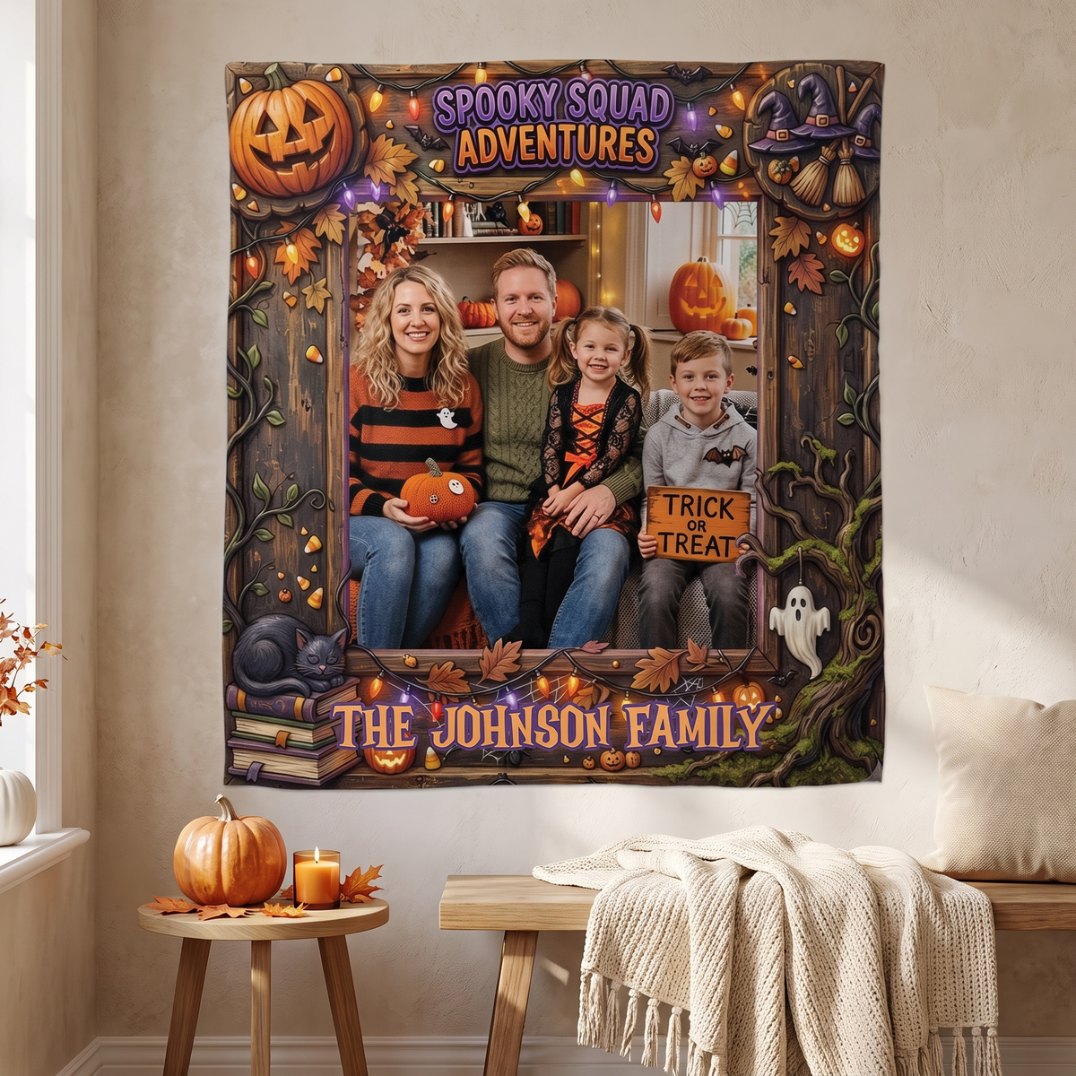 Personalized Halloween Spooky Squad Adventures Photo Tapestry, Custom Family Photo Name Wall Hanging Decor, Spooky Pumpkin Witch Party Backdrop