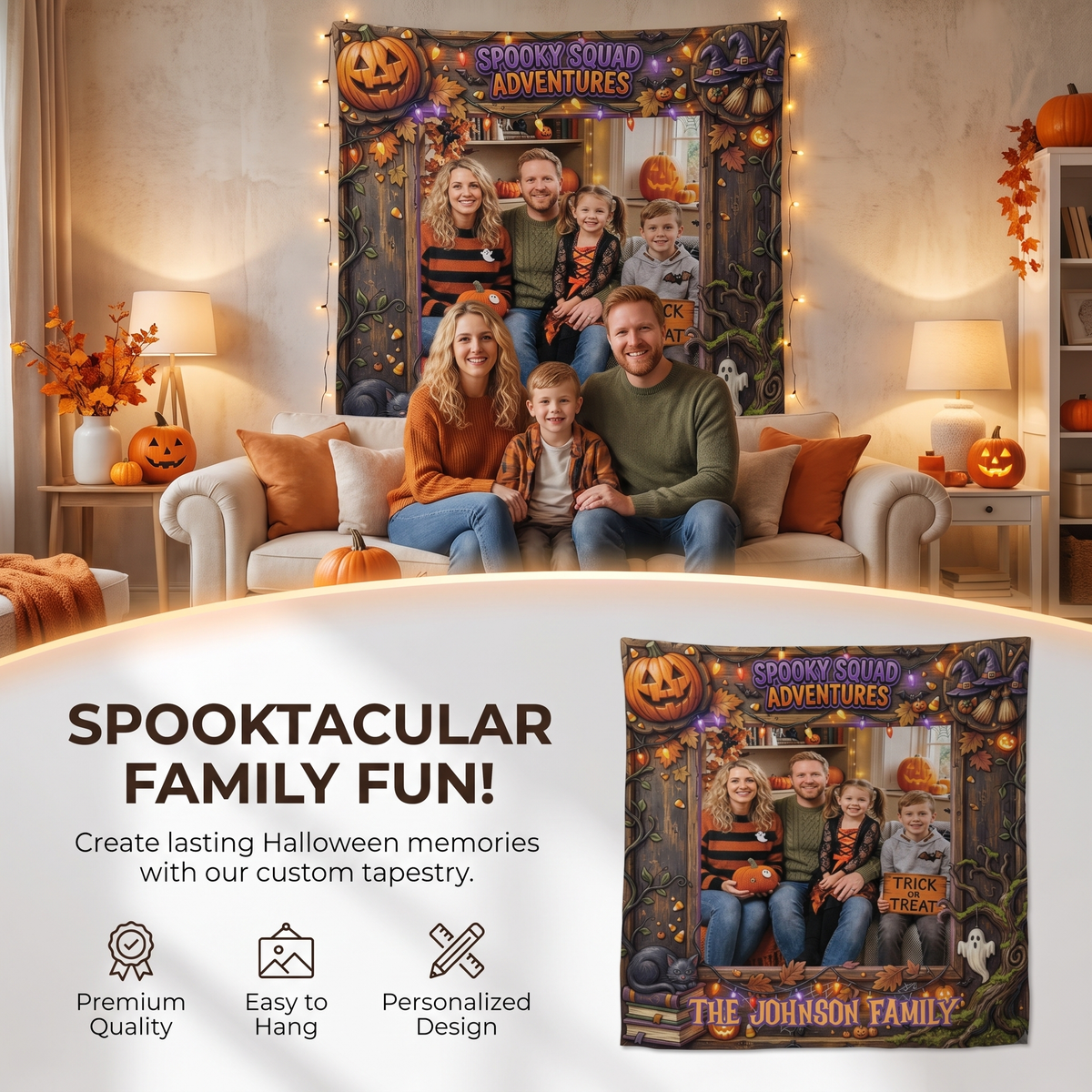 Personalized Halloween Spooky Squad Adventures Photo Tapestry, Custom Family Photo Name Wall Hanging Decor, Spooky Pumpkin Witch Party Backdrop