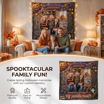 Personalized Halloween Spooky Squad Adventures Photo Tapestry, Custom Family Photo Name Wall Hanging Decor, Spooky Pumpkin Witch Party Backdrop