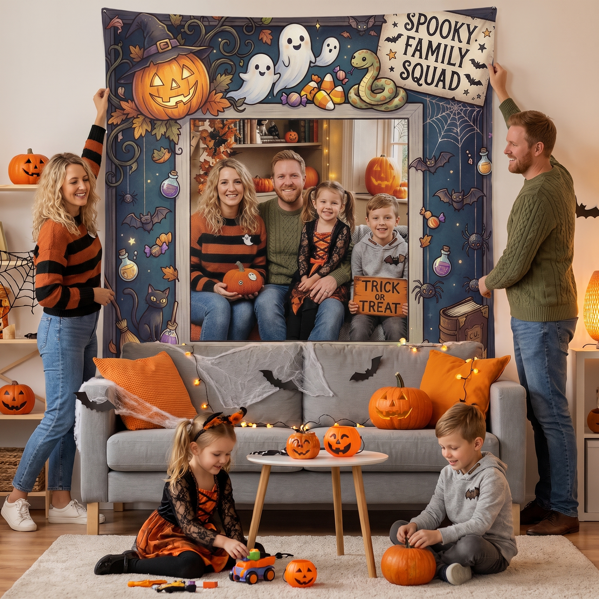 Personalized Halloween Spooky Family Squad Photo Tapestry, Custom Family Photo Name Wall Hanging Decor, Halloween Party Background Backdrop
