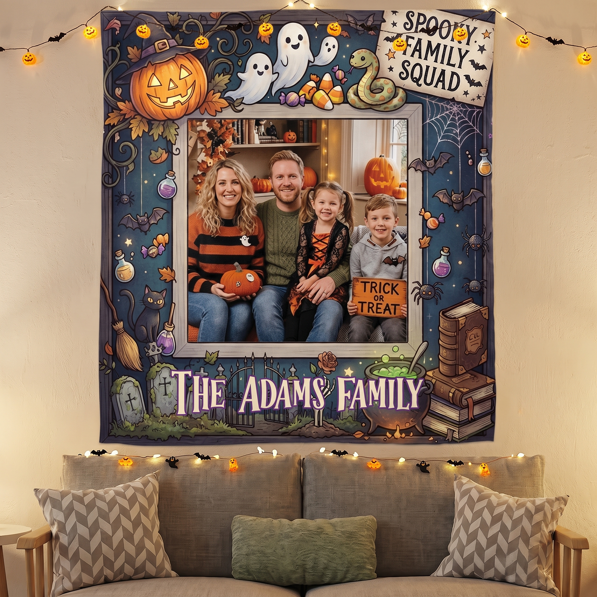 Personalized Halloween Spooky Family Squad Photo Tapestry, Custom Family Photo Name Wall Hanging Decor, Halloween Party Background Backdrop