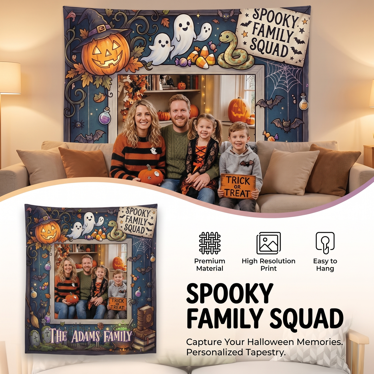 Personalized Halloween Spooky Family Squad Photo Tapestry, Custom Family Photo Name Wall Hanging Decor, Halloween Party Background Backdrop