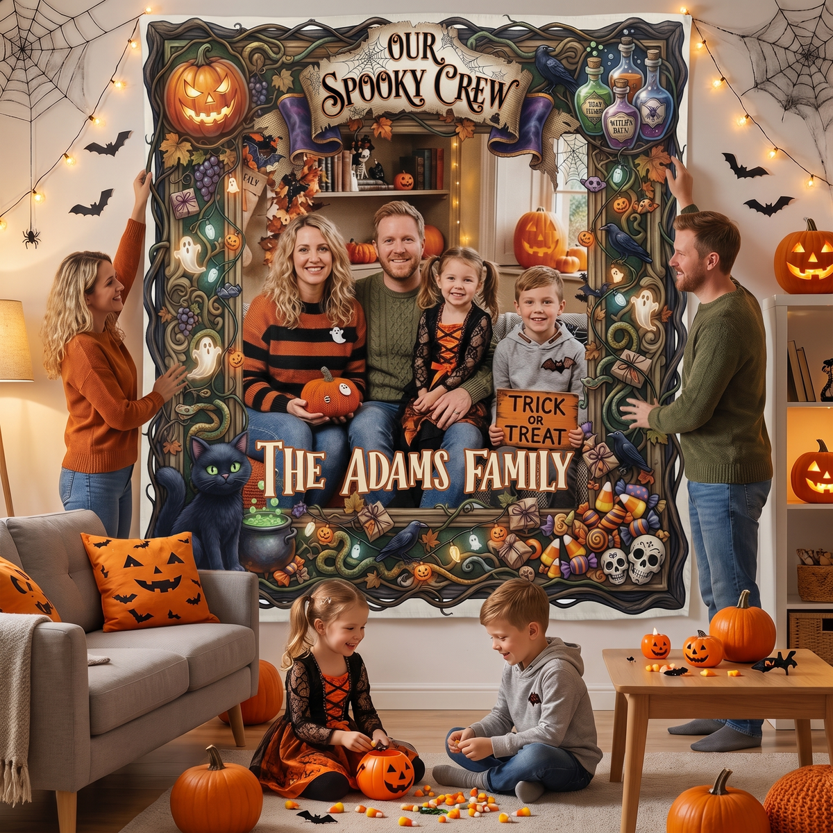 Personalized Halloween Our Spooky Crew Photo Tapestry, Custom Family Photo Name Wall Hanging Decor, Spooky Pumpkin Black Cat Party Backdrop