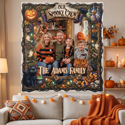 Personalized Halloween Our Spooky Crew Photo Tapestry, Custom Family Photo Name Wall Hanging Decor, Spooky Pumpkin Black Cat Party Backdrop