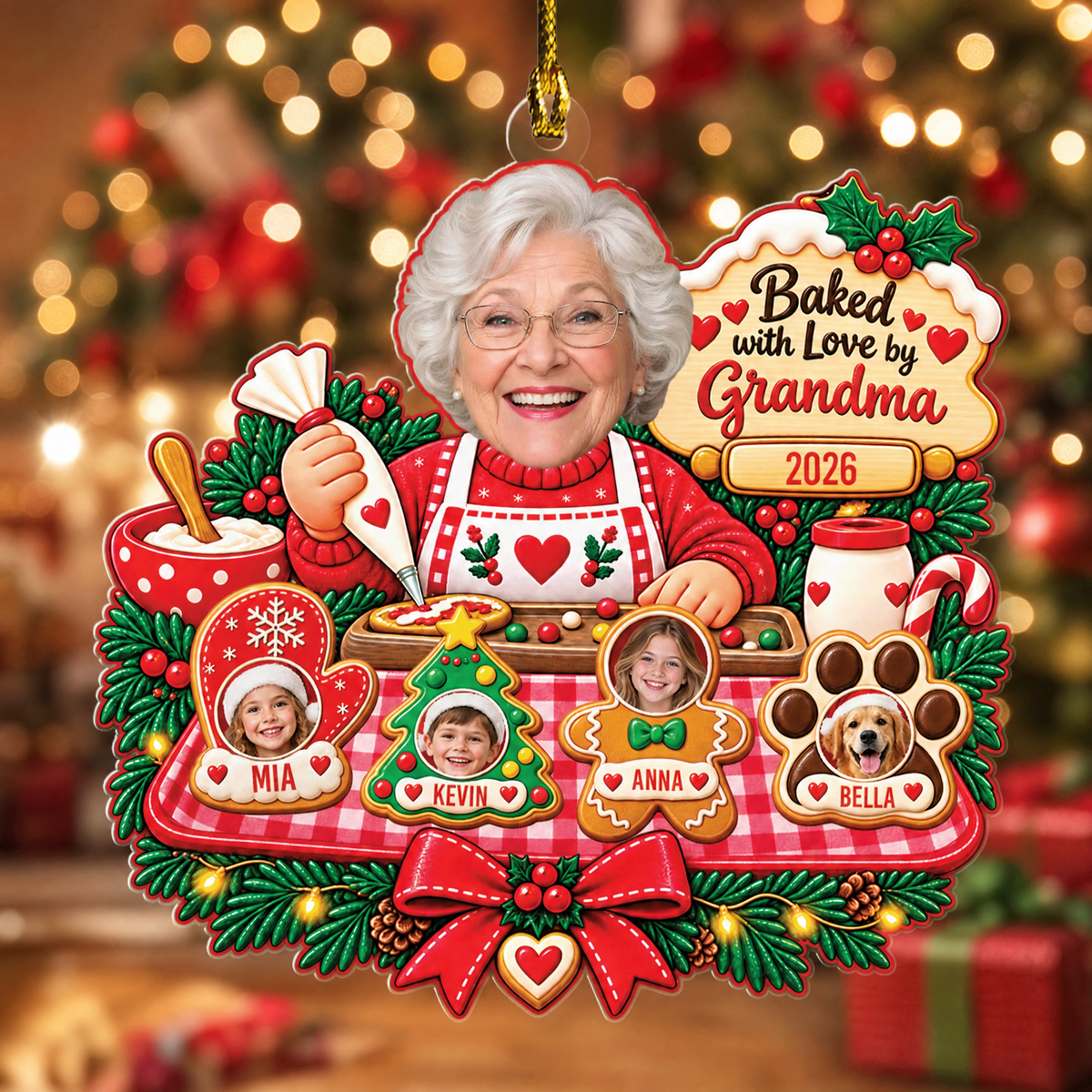 Personalized Baked With Love By Grandma Photo Christmas Acrylic Ornament, Custom Grandma Kids Grandkids Pets Face Cookie Christmas Tree Hanging Ornament, Family Holiday Gift