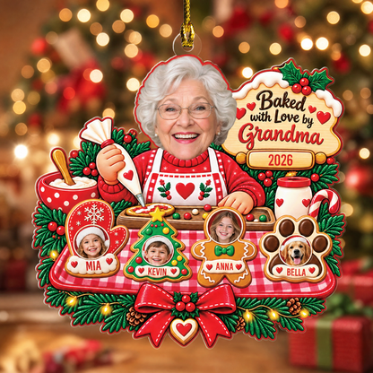 Personalized Baked With Love By Grandma Photo Christmas Acrylic Ornament, Custom Grandma Kids Grandkids Pets Face Cookie Christmas Tree Hanging Ornament, Family Holiday Gift