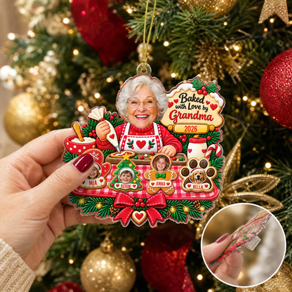 Personalized Baked With Love By Grandma Photo Christmas Acrylic Ornament, Custom Grandma Kids Grandkids Pets Face Cookie Christmas Tree Hanging Ornament, Family Holiday Gift
