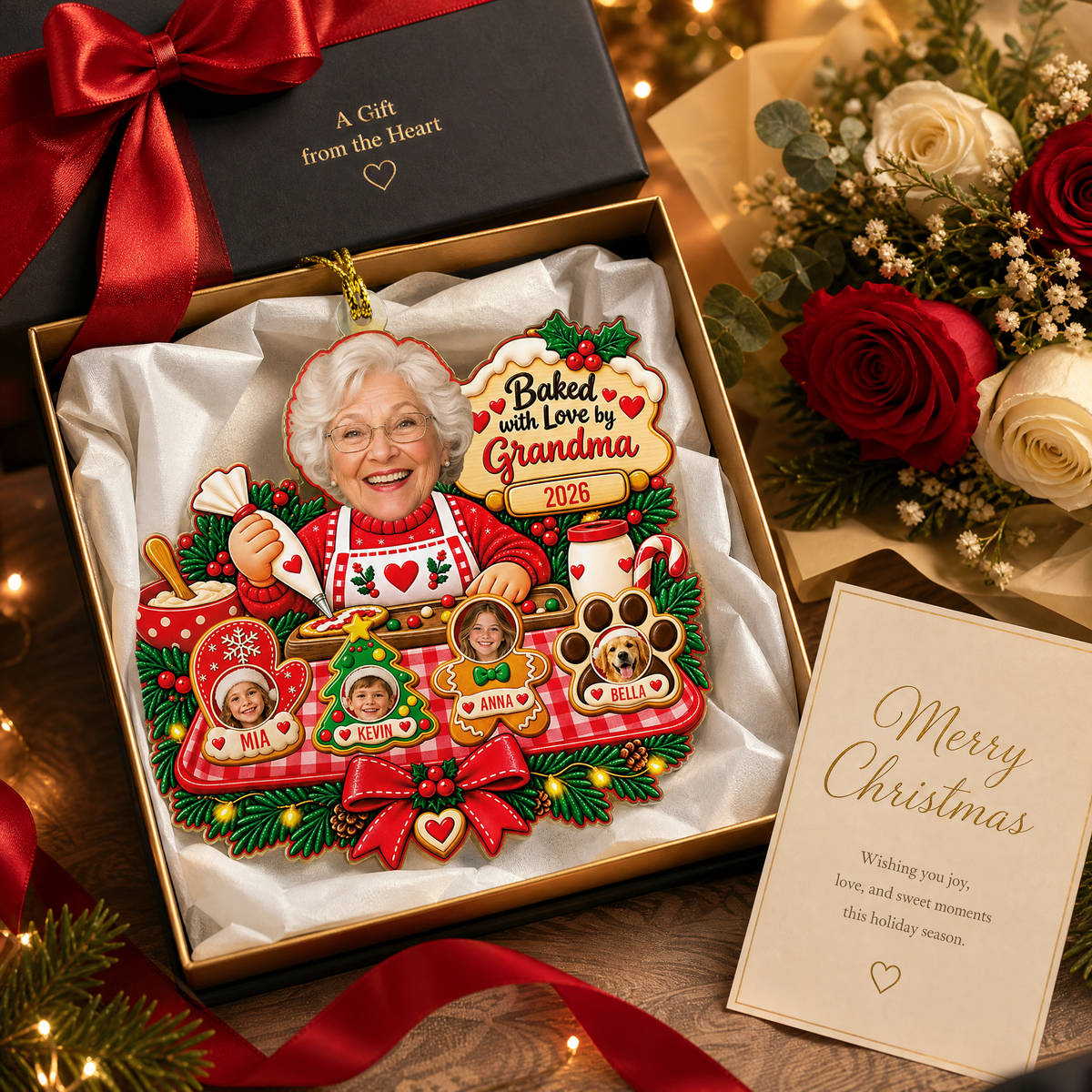 Personalized Baked With Love By Grandma Photo Christmas Acrylic Ornament, Custom Grandma Kids Grandkids Pets Face Cookie Christmas Tree Hanging Ornament, Family Holiday Gift