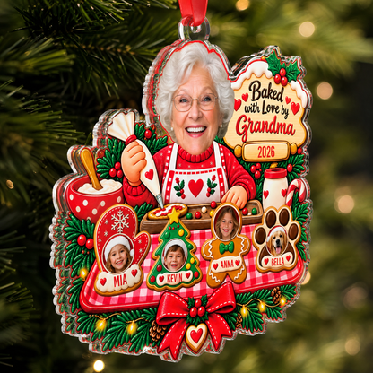 Personalized Baked With Love By Grandma Photo Christmas Acrylic Ornament, Custom Grandma Kids Grandkids Pets Face Cookie Christmas Tree Hanging Ornament, Family Holiday Gift