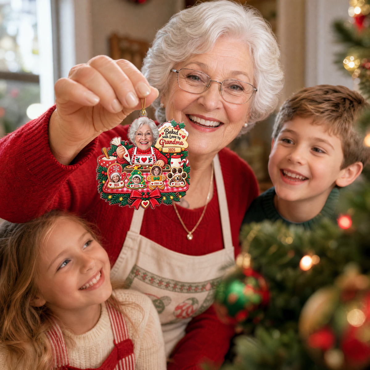 Personalized Baked With Love By Grandma Photo Christmas Acrylic Ornament, Custom Grandma Kids Grandkids Pets Face Cookie Christmas Tree Hanging Ornament, Family Holiday Gift