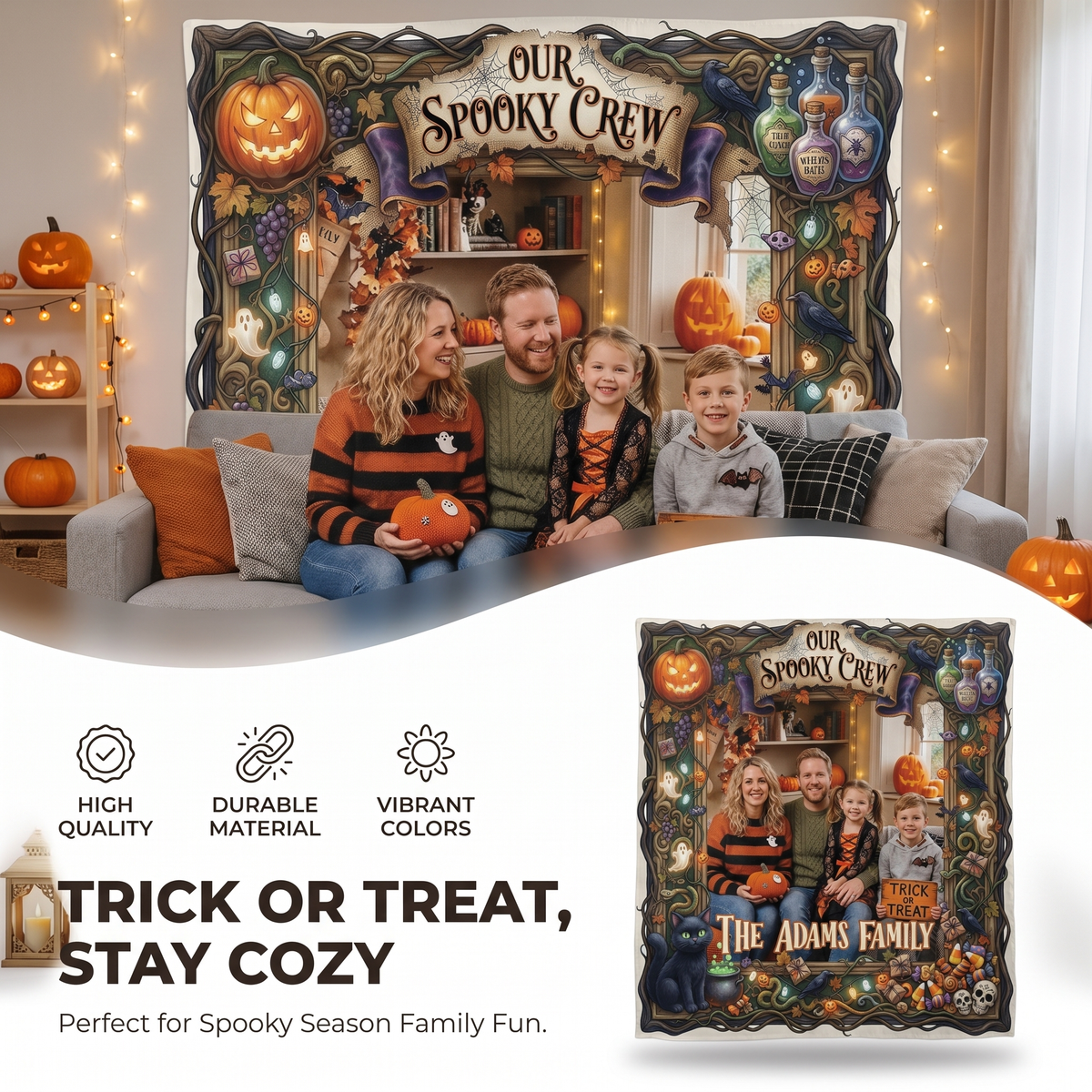 Personalized Halloween Our Spooky Crew Photo Tapestry, Custom Family Photo Name Wall Hanging Decor, Spooky Pumpkin Black Cat Party Backdrop