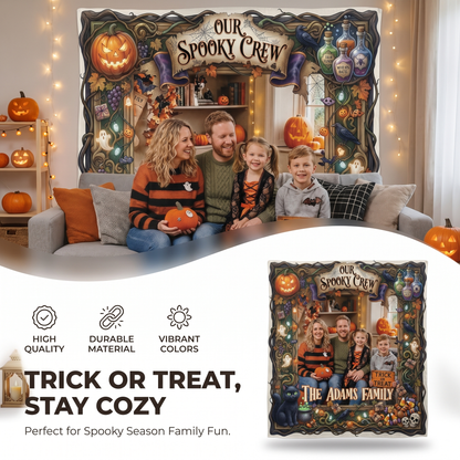 Personalized Halloween Our Spooky Crew Photo Tapestry, Custom Family Photo Name Wall Hanging Decor, Spooky Pumpkin Black Cat Party Backdrop